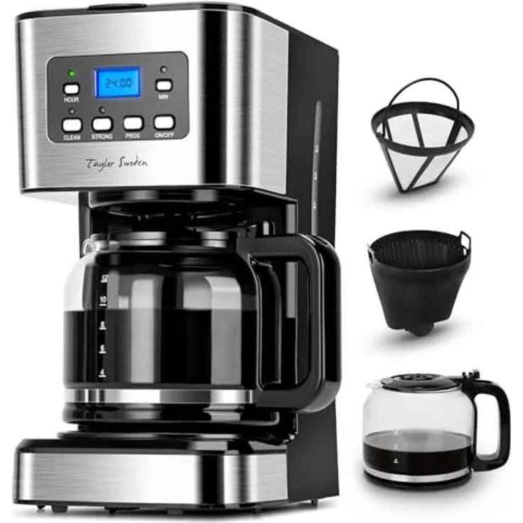 Taylor Swoden Darcy, 950W Filterkaffeemaschine mit Timer, 1.5L für 12 Tassen, Abschaltautomatik, Tropf-Stopp, wiederverwendbarem Filter, BPA-frei, Schwarz – Bild 1