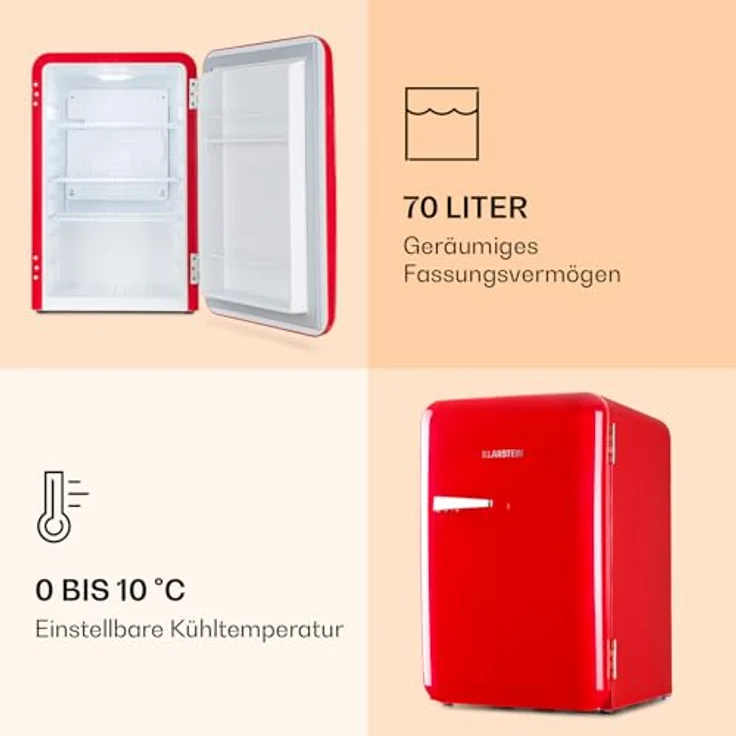 Klarstein Audrey Mini - kleiner Kühlschrank, Kompressionskühlung, 70 Liter Fassungsvermögen, rot – Bild 3