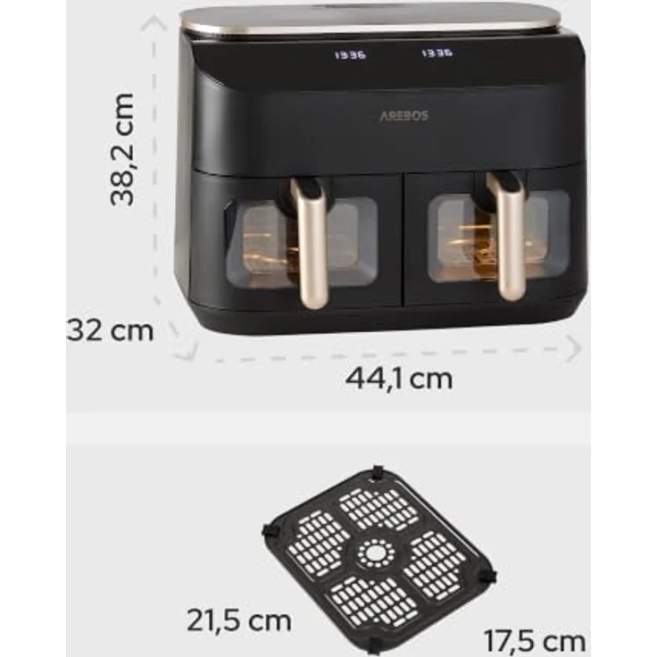 Arebos Heißluftfritteuse AR-HE-DPH10, 2450 W, 10 L, 2 Garzonen mit SYNC- & MATCH-Funktion, 2 Sichtfenster, Schwarz/Roségold – Bild 9