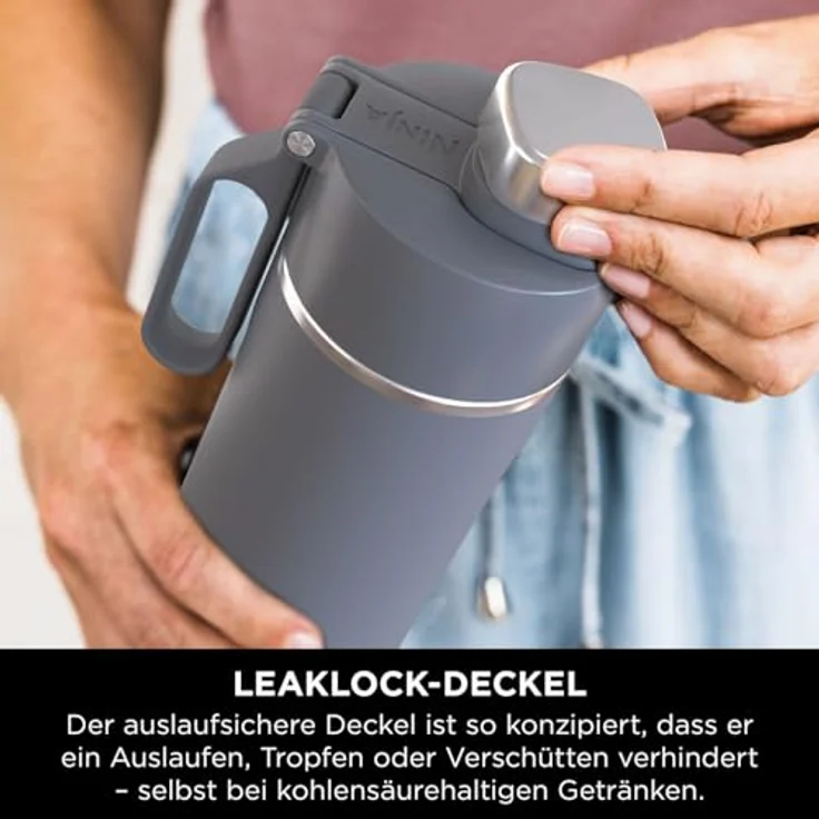 Ninja Thirsti Wasserflasche/Thermobecher to go, 530 ml, dreifach isolierte Reiseflasche, auslaufsicherer Deckel, für heiße & kalte Getränke, Edelstahlflasche, Grau – Bild 4