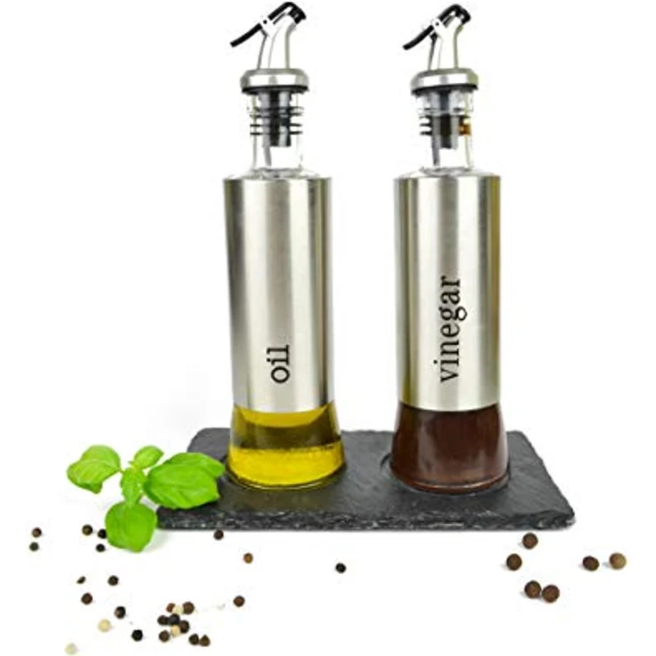 Sendez Öl- & Essigflasche auf Schieferplatte Salz & Pfefferstreuer Ölspender Essigspender Edelstahl Glas – Bild 7