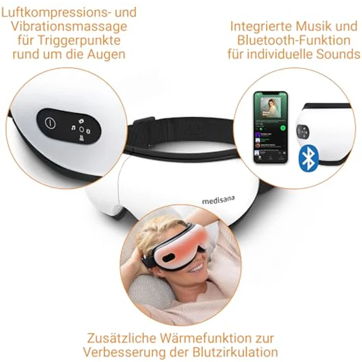 Medisana EM 100 Augenmassagegerät, faltbare Augenmaske mit Wärme, Musik, Luftkompression und 5 Massageprogrammen zur Linderung von Kopfschmerzen und Augenbelastung – Bild 4