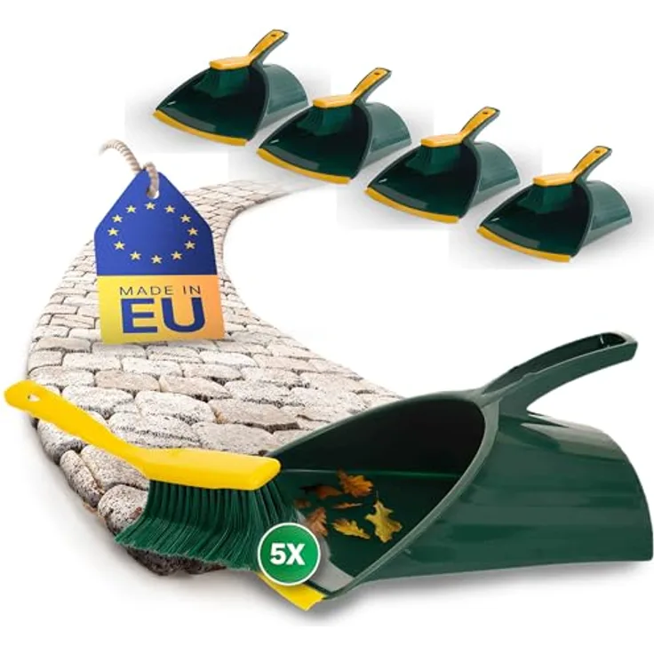 Novaliv 5X Kehrgarnitur Jumbo, 2-tlg. Set aus Kunststoff in Grün und Gelb, Handfeger mit gebogenen Borsten und Kehrschaufel mit Gummilippe