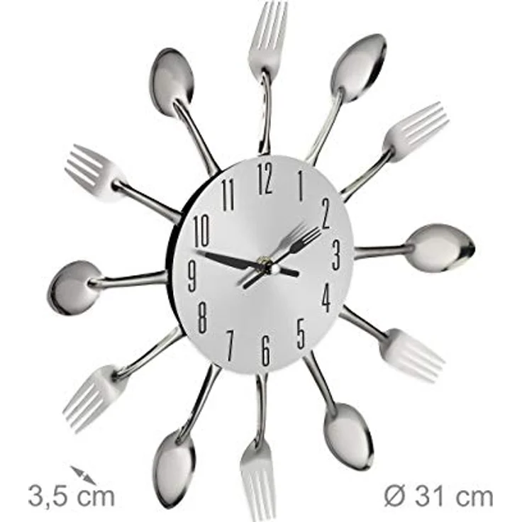 Relaxdays Wanduhr Besteck, Küchenuhr Löffel & Gabel, Ø 31 cm, Metall, batteriebetrieben, ohne Ticken, Besteckuhr, silber – Bild 4