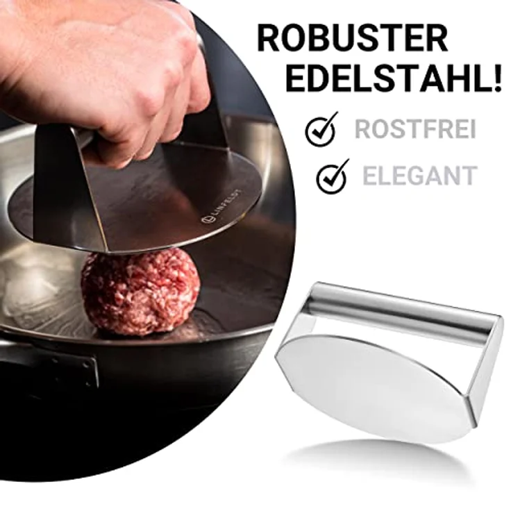 LINFELDT® Burgerpresse - Perfekter Burger Smasher | Smashed Burger Presse - Burgerpresse Edelstahl | Smash Burger Press, Burger Grill, Burger Patty Former, Bacon Presse, Fleischpresse – Bild 3