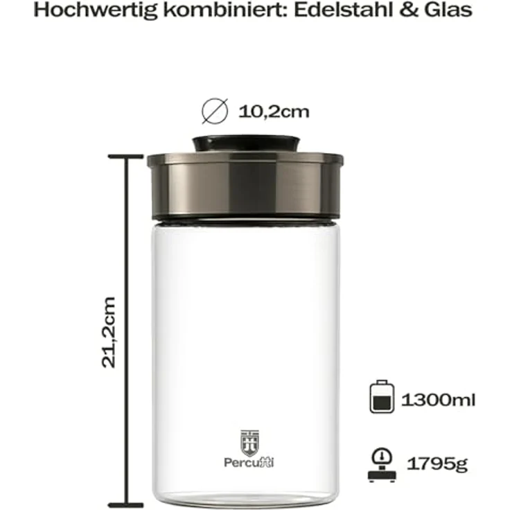 BURI Vorratsglas Vakuumglas 3er Set 1300ml | Luftdicht, mottensicher, Edelstahl Deckel, Vakuum Klick-Mechanismus, spülmaschinenfest, stapelbar – Bild 4