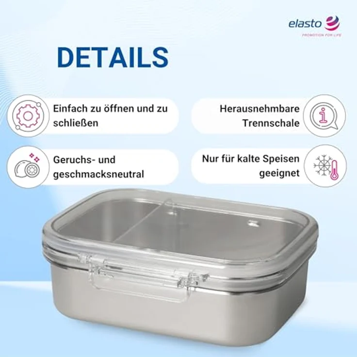 elasto Edelstahl Brotdose Kinder 'Storage', 1000 ml mit Trennwand und Fußballmotiv für Schule und Kindergarten – Bild 2
