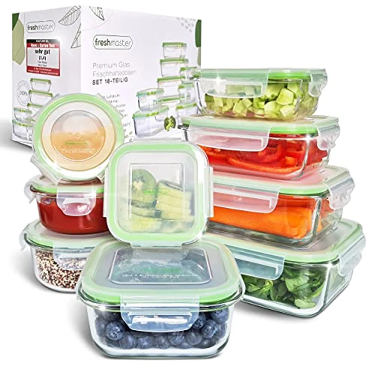 Fresh Master Frischhaltedose Glas Set - 100% auslaufsichere + luftdichte Vorratsdosen - BPA frei - Spülmaschinenfest - Geeignet für Mikrowelle, Backofen und Gefrierschrank (18 teilig) – Bild 1