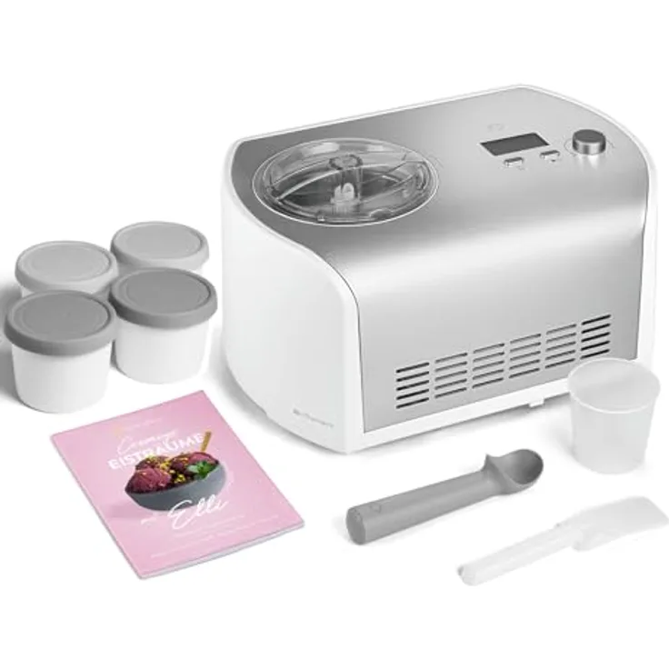 Springlane Kitchen Eismaschine Elli 1,2 L mit selbstkühlendem Kompressor 135 W, Edelstahl, inkl. Rezeptheft (Eismaschine+ 4 Eisbehälter Mini Grau)