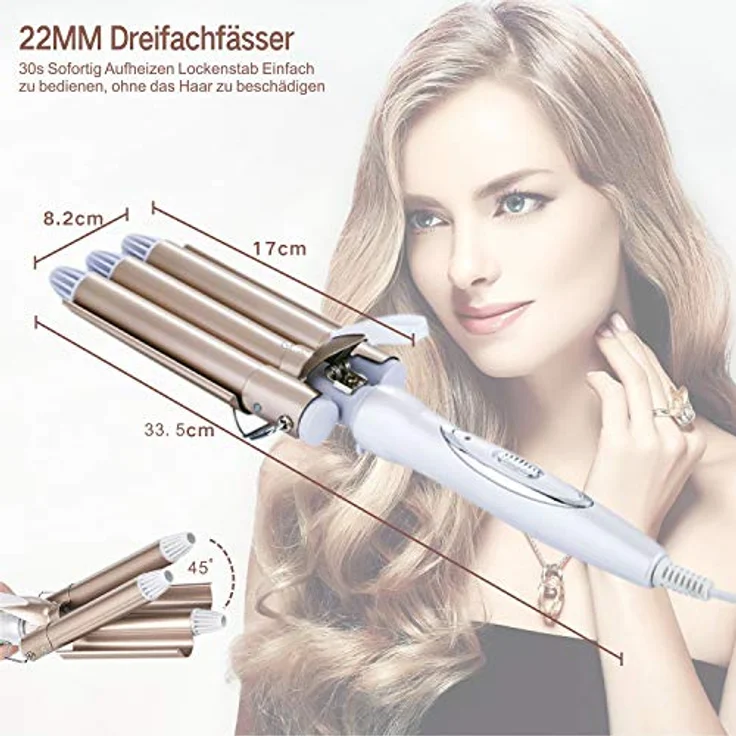 3 Fässer welleneisen, TOP4EVER lockenstab mit 3 stäben mit einstellbarer Temperatur, Welleisen Schnelle Heizung Große Welle für Lange/kurze Haare, Haar Styling Werkzeug 22mm … – Bild 3