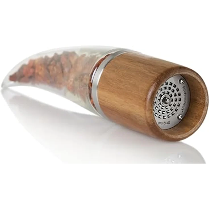 AdHoc Chilimühle Peperone Modell 2025, manuelle Gewürzmühle mit patentiertem Schneidwerk, Glasbehälter und edlem Akazienholz-Außenfinish – Bild 3