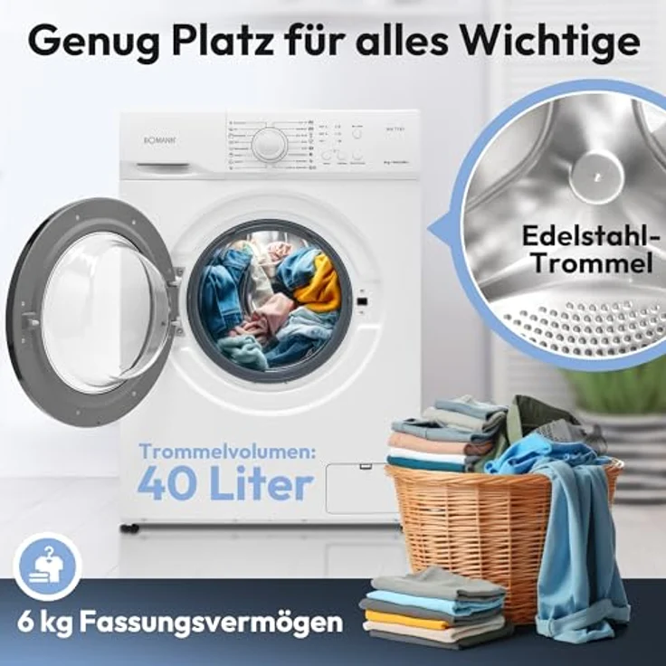 Bomann® Waschmaschine WA 7161, 6kg Fassungsvermögen, 1000 U/Min., 16 Waschprogramme, Edelstahl-Trommel, Energieeffizienzklasse A – Bild 4