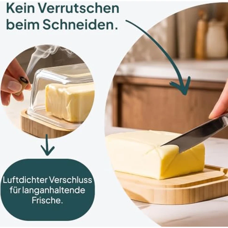 uandu Butterdose Glas mit Deckel für 250 g Butter – Borosilikatglas mit FSC-zertifiziertem Bambusboden und Spülmaschinenfestigkeit – Bild 3