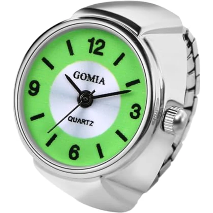 JewelryWe Ringuhr Damen, Elastische Analog Quarz Fingerringuhr mit grünem Zifferblatt und Legierungsband, 10m wasserdicht – Bild 1