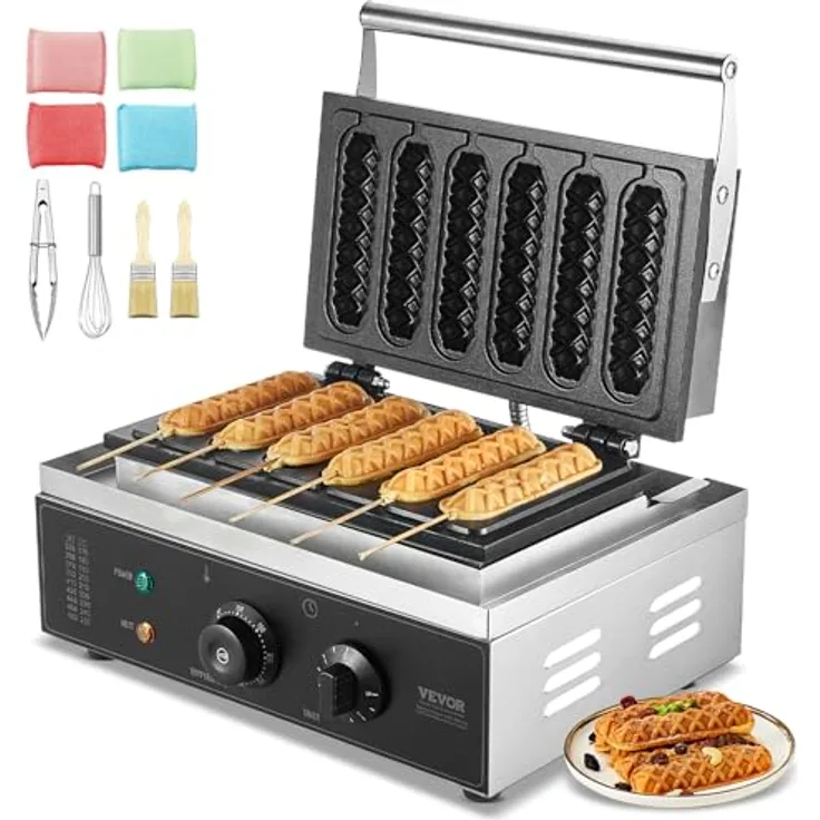 VEVOR kommerzieller Waffeleisen Waffel Maker 6-teilig 1500 W, antihaftbeschichtetes Edelstahl-Waffeleisen für Mais-Hotdogs, mit Temperatur- und Zeitregelung - Für Restaurant Bäckerei Snackbar Familie