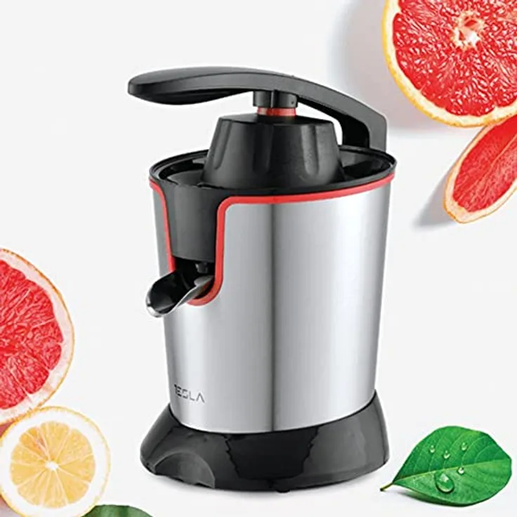 TESLA CJ301BX Zitruspresse (300 W, Kunststoff, Schüsselkapazität 650 ml, 2 Kegel, Zweirichtungsdrehung, Druckgriff) (Inox-schwarz)