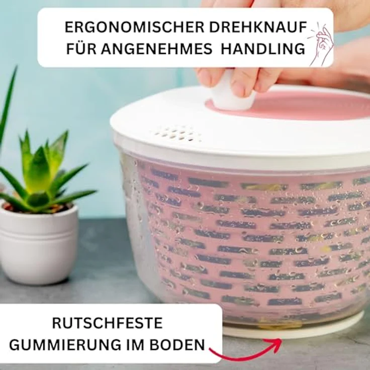 Westmark Salatschleuder Spinderella, 4,4 Liter, ø 23,5 cm, BPA-frei, Transparent/Weiß/Rosa – Bild 4