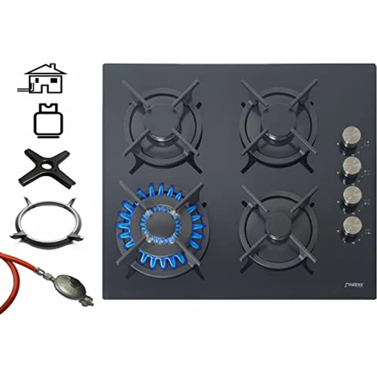 Phönix PG-604ST Gaskochfeld 4 flammig Glas Gaskocher Einbauherd + Gasschlauch-Regler-Set + WOK-Aufsatz + Herdkreuz – Bild 2