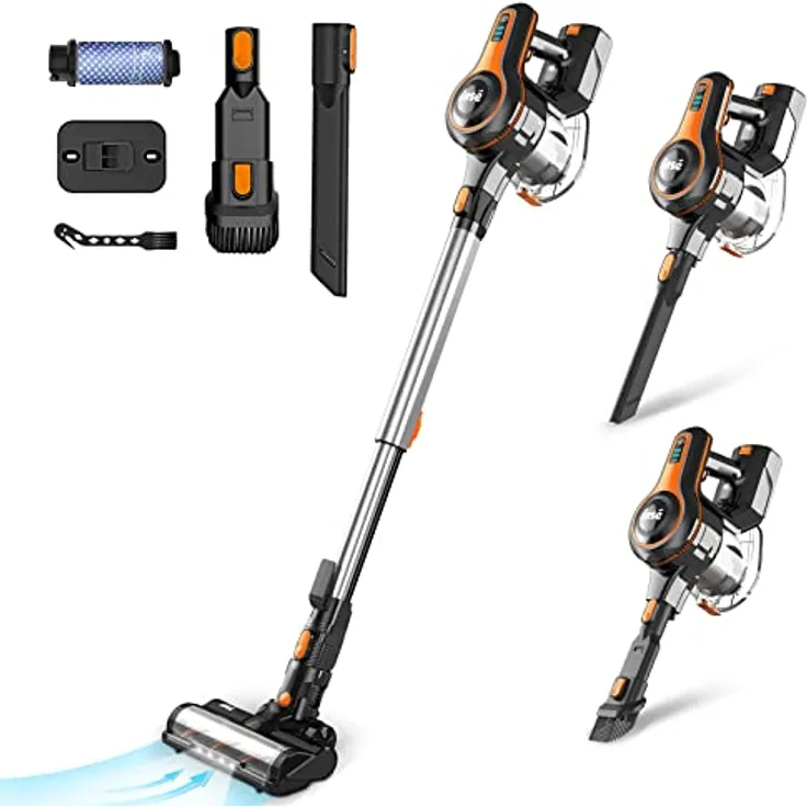 INSE Akku Staubsauger, 25000pa Staubsauger Kabellos, Bis zu 50 Min. Laufzeit, 6 in 1 Kabelloser Akkusauger Beutellos mit 1.2L Staubbehälter, LED Elektrobürste für Teppiche Hartboden Tierhaare
