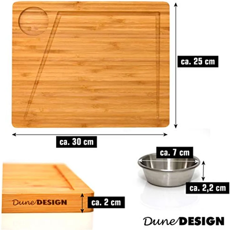Dunedesign Steakbrett, beige, rechteckig aus 100% Bio-Bambusholz, 25x30 cm mit Saftrille und 2 Edelstahl-Dip-Schalen – Bild 5
