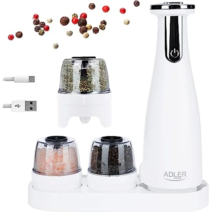 Adler Europe Elektrische Salz Und Pfeffermühle Set - Salz Und Pfeffermühle Elektrisch - Pfeffermühle Elektrisch Weiße - Salzmühle Elektrisch mit Keramikkern USB und LED