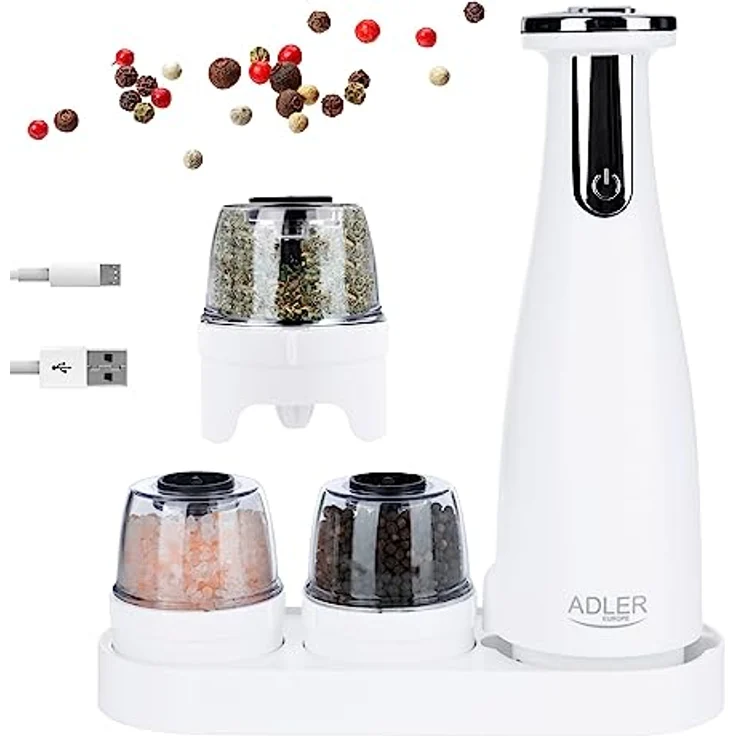 Adler Europe Elektrische Salz Und Pfeffermühle Set - Salz Und Pfeffermühle Elektrisch - Pfeffermühle Elektrisch Weiße - Salzmühle Elektrisch mit Keramikkern USB und LED – Bild 1