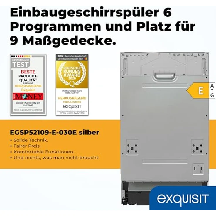 Exquisit EGSP52109-E-030E Geschirrspüler, 9 Maßgedecke, 6 Programme, kompakt, freistehend, Silber, Startzeitverzögerung, Intensiv-Modus, 45 cm – Bild 3