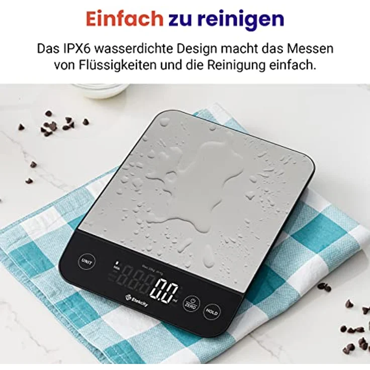 ETEKCITY Küchenwaage digital, Waage Küchenwaage mit größer lebensmittelechter Edelstahl-Platte, USB-Aufladung, wasserdichte 10KG Waage mit LED-Display, hohe Präzision bis zu 1g, Tara-Funktion, Silber – Bild 4