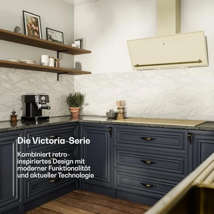 Klarstein Victoria Dunstabzugshaube, 90 cm, Touch-Bedienfeld, 400 m³/h Luftstrom, A++ Energieeffizienz, LED-Beleuchtung, Leise 52 dB, Creme & Gold, Abluft & Umluft – Bild 2