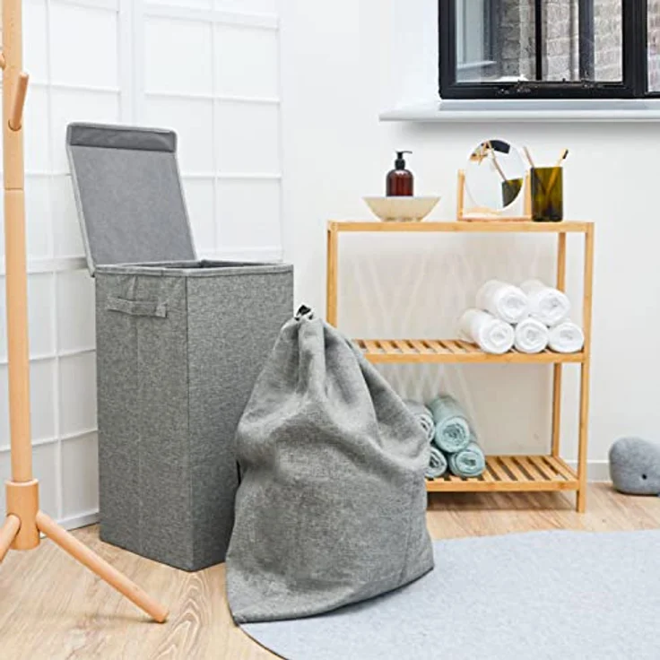 DuneDesign 50L Wäschekorb mit Deckel - Stabiler Holzrahmen - Faltbarer Wäschesammler Grau (Grau mit Deckel) – Bild 2