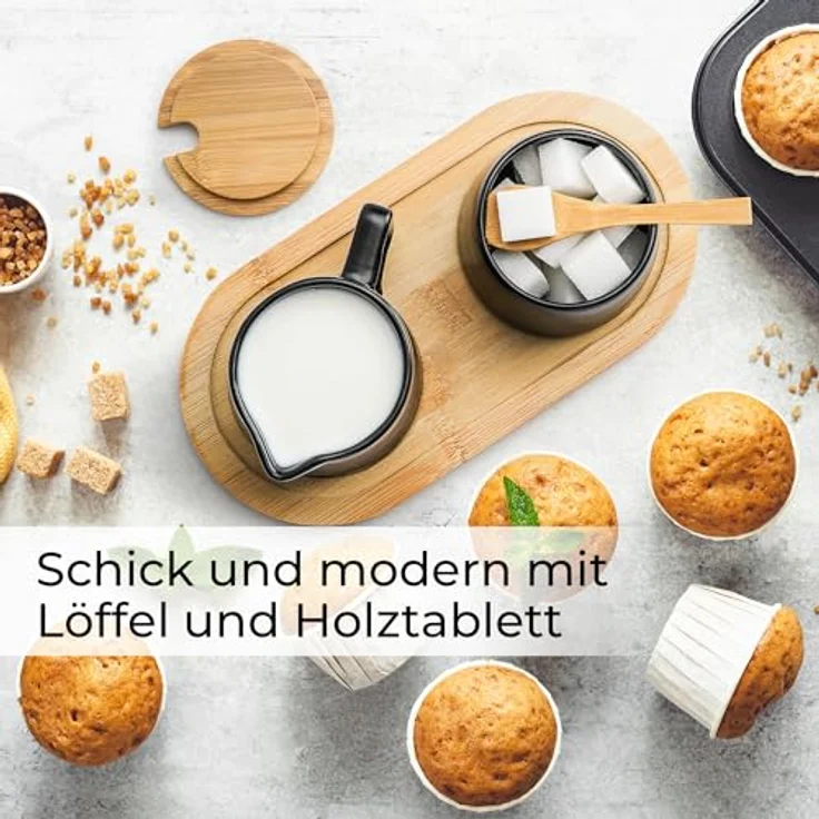 MIAMIO Milch und Zucker Set mit Deckel und Löffel, Keramik Milchkännchen und Holztablett, mikrowellen- und spülmaschinenfest, Schwarz – Bild 2
