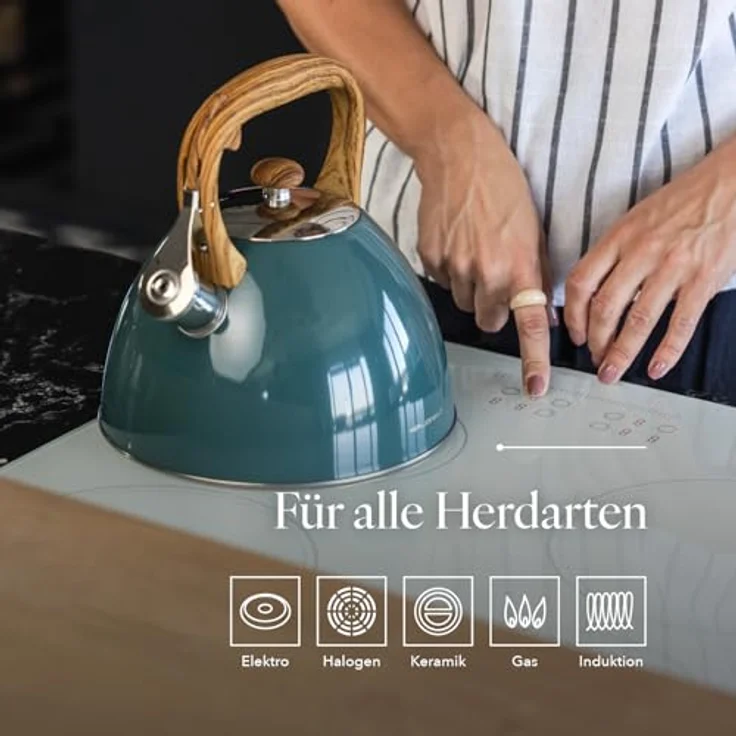 FLORINA Wasserkessel FRANK, 2,5 l Edelstahl Teekessel mit Holzgriff, flötender Wasserkocher für Induktions-, Gas- und Elektroherd, dunkelgrün matt – Bild 3