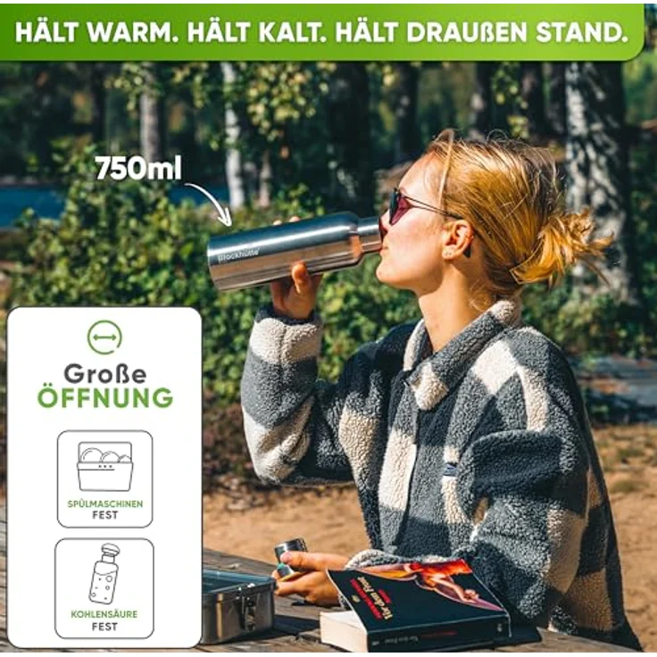 Blockhütte Premium Edelstahl Trinkflasche isoliert, 750ml, auslaufsicher, mit Naturborsten Bürste, spülmaschinenfest, BPA-frei für Sport & Freizeit – Bild 2