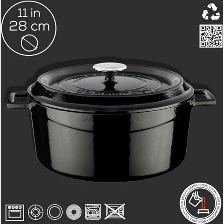 LAVA CASSEROLE ROND 280 MM, Gusseisen-Kochgeschirr mit 6.70 Ltr Kapazität für 4-6 Personen, Schwarz – Bild 4