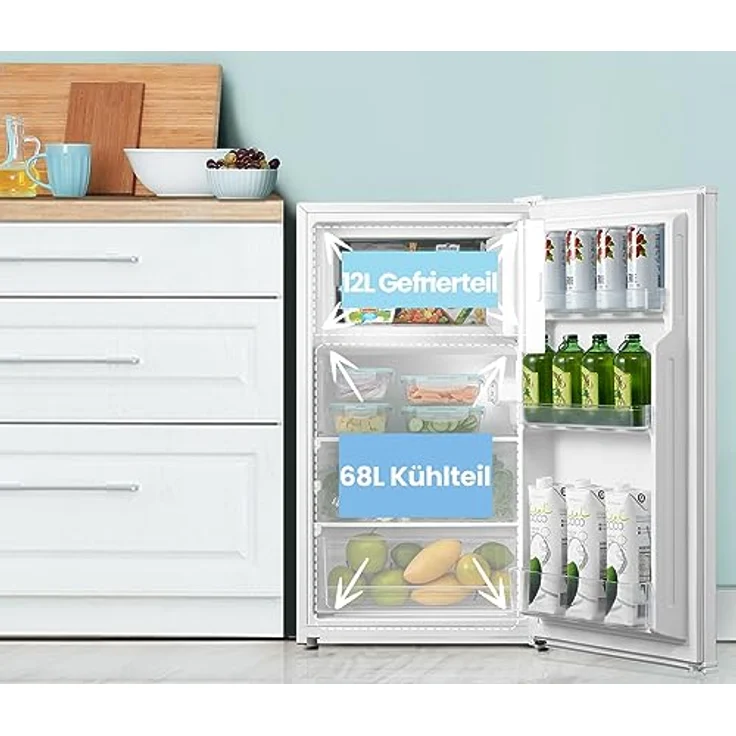 Comfee RCD80WH2(E) Kühlschrank mit Gefrierfach/ 80L Tischkühlschrank/Obst- und Gemüsefach/ 84,5cm Höhe / 47,5cm Breite / 137kWh/Jahr/Einstellbare Temperaturregelung/Verstellbare Füße/Weiß – Bild 3