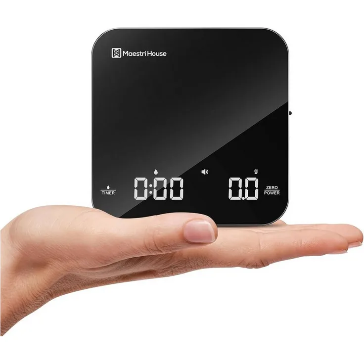 Maestri House Mini-Kaffeewaage mit Timer, USB-C-wiederaufladbar, 2 kg/0,1 g, Schwarz und Silber