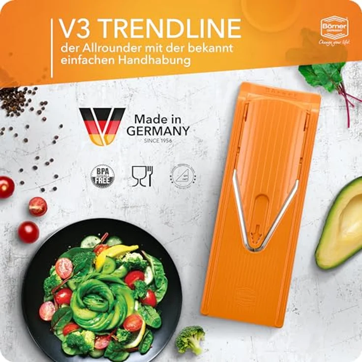 Börner Gemüsehobel V3 TrendLine Profi Set, Kunststoff, mit 2 Messereinschüben und Dockingstation orange – Bild 4