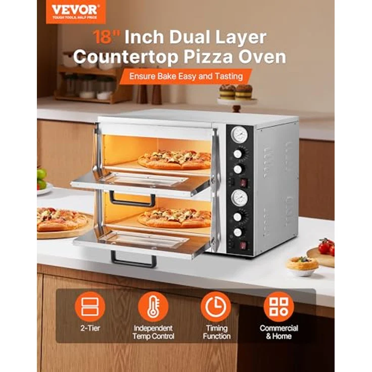 VEVOR elektrischer Pizzaofen PSL-36-EU, 2500 W mit Doppelkammer, Temperaturregelung bis 450 °C für 457 mm Pizza – Bild 2