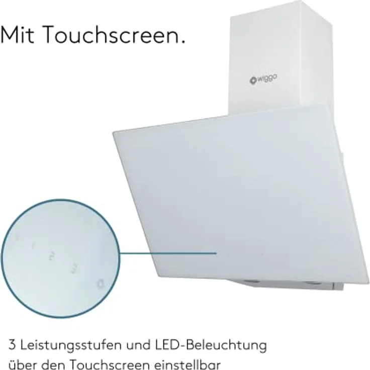 Wiggo Dunstabzugshaube 60cm kopffrei I Abluft Umluft Dunstabzug 300m³/h - LED Touch-Display 3 Stufen I Schräghaube inkl. Fettfilter & 2 x Kohlefilter I Abzugshaube mit Glasfront weiß – Bild 4