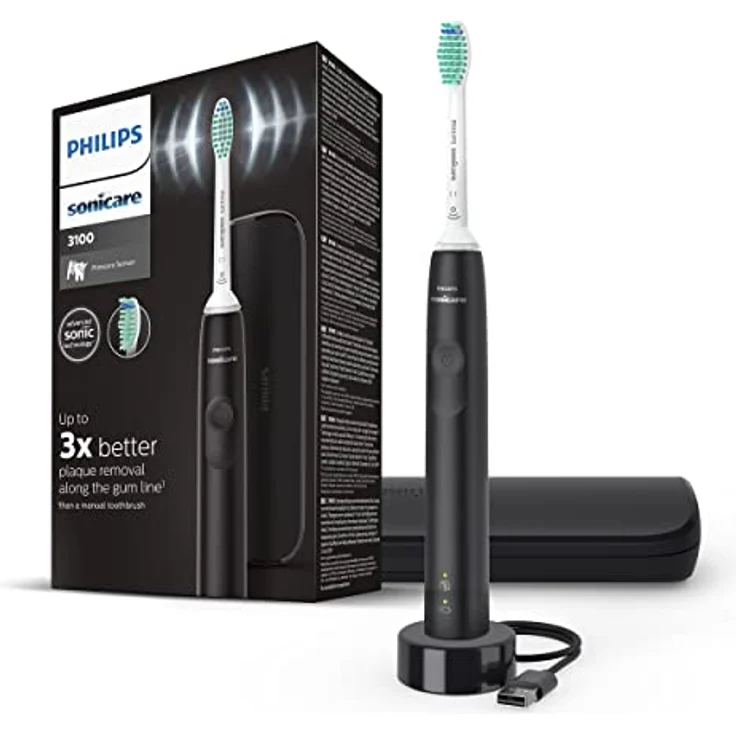 Philips Sonicare 3100 Series Elektrische Schallzahnbürste mit Drucksensor und BrushSync-Technologie, schwarz (Modell HX3673/14) – Bild 1