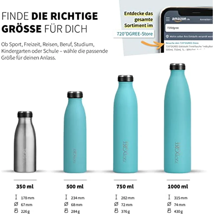 720°DGREE Edelstahl Trinkflasche “milkyBottle” - 500ml, BPA-frei, auslaufsicher, für kohlensäurehaltige Getränke, ideal für Kinder, Schule und Sport – Bild 3