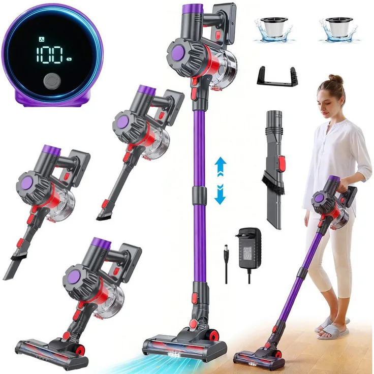 AKKEE Akku-Hand- und Stielstaubsauger 38000Pa/450W, Kabellos mit Touchdisplay, 50 Min Laufzeit, V-förmige Bürste, LED-Beleuchtung