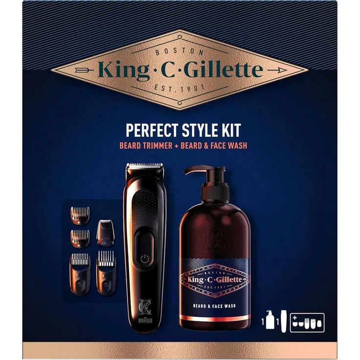 Gillette King C. Gillette Perfect Style Kit, Bartpflege Set mit Braun Bart Trimmer und Bartshampoo, kabellos, 50 Min Akkulaufzeit