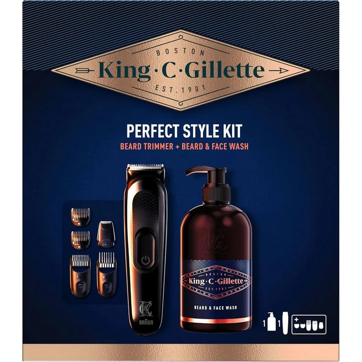 Gillette King C. Gillette Perfect Style Kit, Bartpflege Set mit Braun Bart Trimmer und Bartshampoo, kabellos, 50 Min Akkulaufzeit