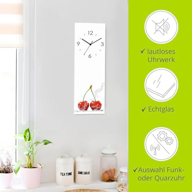 ARTLAND Wanduhr ohne Tickgeräusche Glas Funkuhr 20x60 cm Rechteckig Lautlos Obst Früchte Kirsche im Wasser Frucht Modern Food T5SO – Bild 2