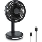 CSL Akku Tischventilator, USB Mini Desk Fan, sehr leise, neigbar, mit Naturmodus und integrierter Lichtleiste, Schwarz