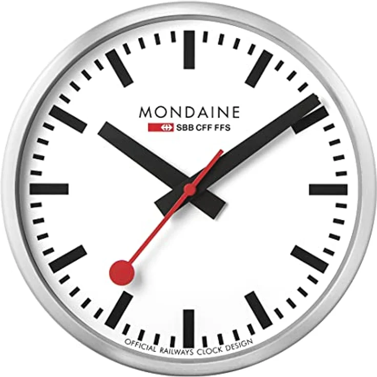 Mondaine Wanduhr A990.Clock.16SBB 25cm - Bahnhofsuhr in Silber aus gebürstetem Aluminium mit rotem Sekundenzeiger staubbeständig – Bild 1