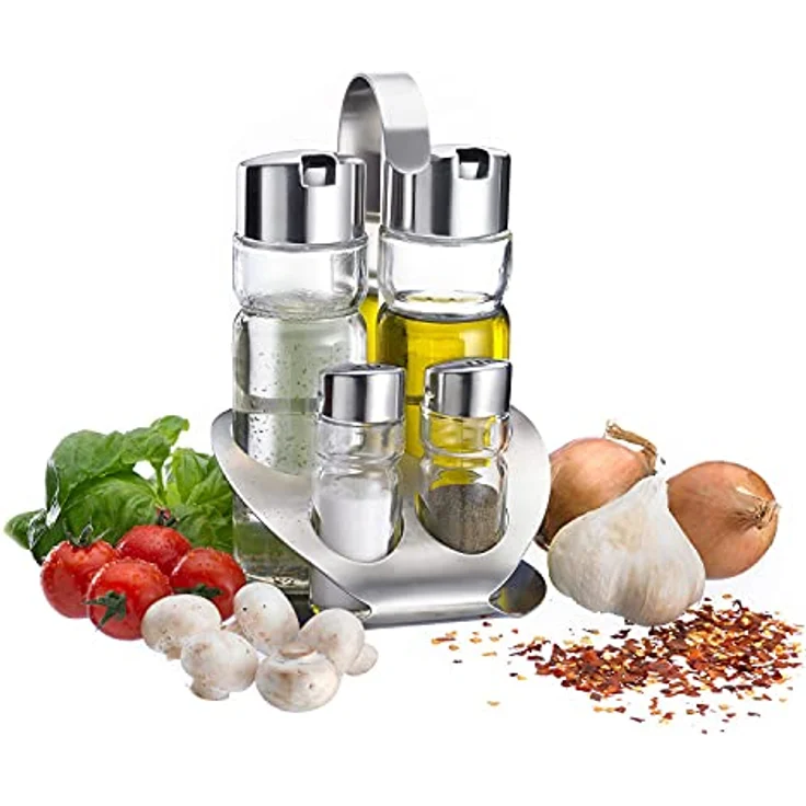 Westmark 4er-Menage für Salz, Pfeffer, Öl und Essig, Mit passendem Ständer, 5-tlg., 2 Streuer und 2 Flaschen, Fassungsvermögen: 40-160 ml, Edelstahl-Glas, Wien, Silber-Transparent, 65052260 – Bild 12