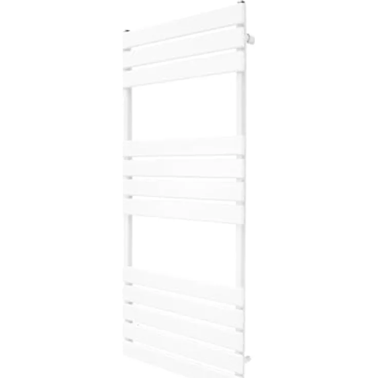 Monster Shop Flacher Handtuchheizkörper 1200mm x 500mm | Wärmeleistung 2070 BTU | Glänzend Weiß Kohlenstoffstahl | Badezimmer [Inkl. Reinigungsbürste, Befestigungsset & Halterungen]