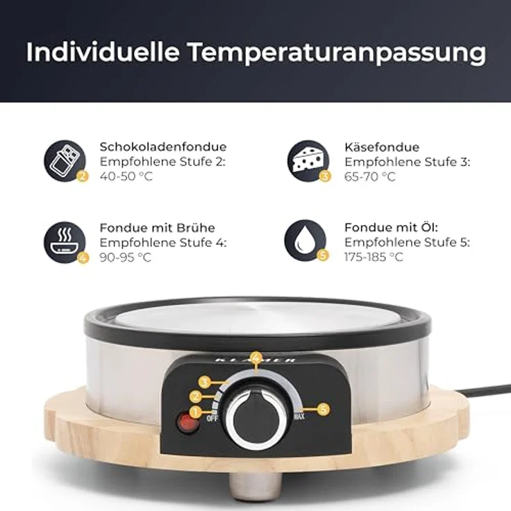 KLAMER Elektro-Fondue Set für bis zu 8 Personen, 1300W, Holzdesign, 1,5L Aluguss-Topf – Bild 7